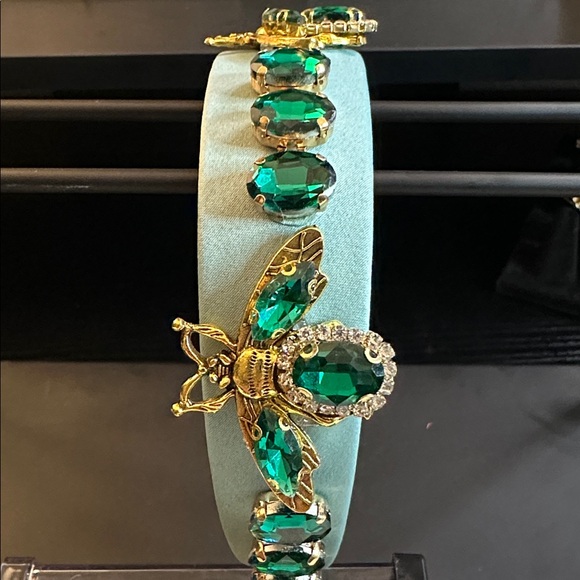 Chunky, Vintage Gold & Emerald Green Glass Bee Bejeweled Headband - Picture 2 of 3